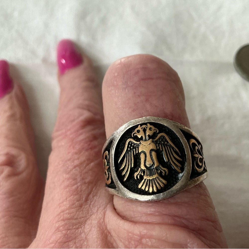 Vintage Sterling Turkish Men's Two-Tone Double Eagle Crest Signet Ring (C654)